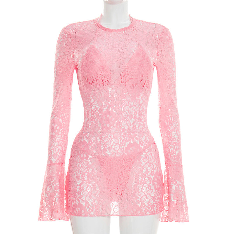 Women Clothing Summer Beach Triangle Cup Swimming Trunks Lace Long Sleeve Dress Three Piece Set