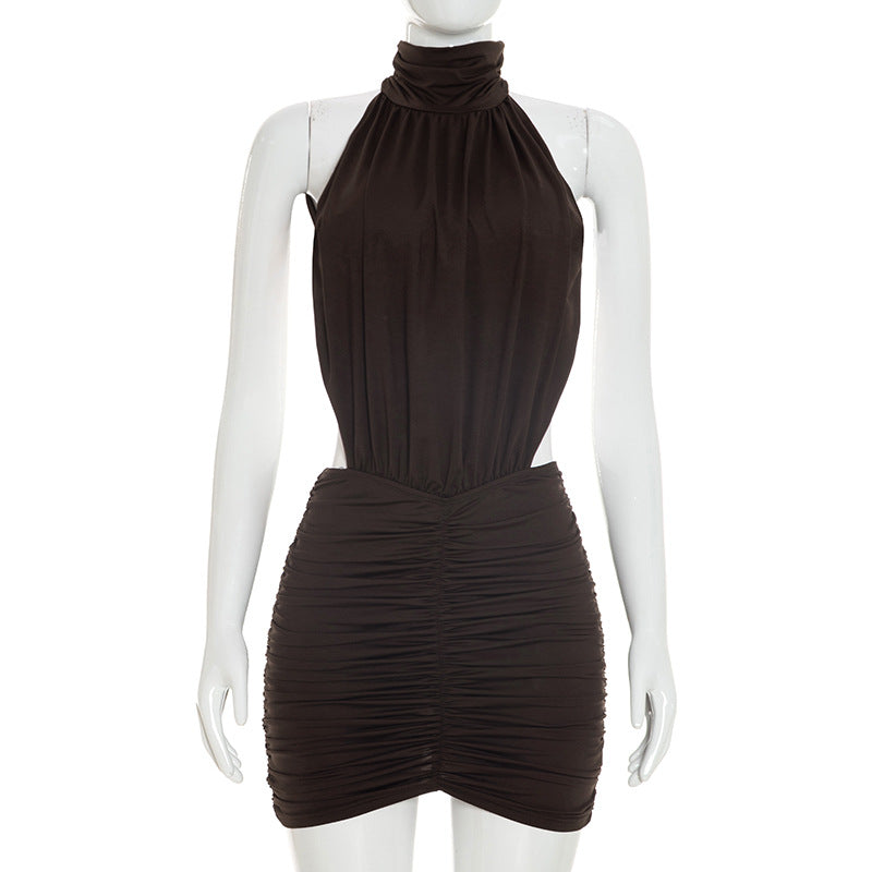 Women Clothing Summer Solid Color Small Turtleneck Sleeveless Sexy Backless Ruffle Hip Dress