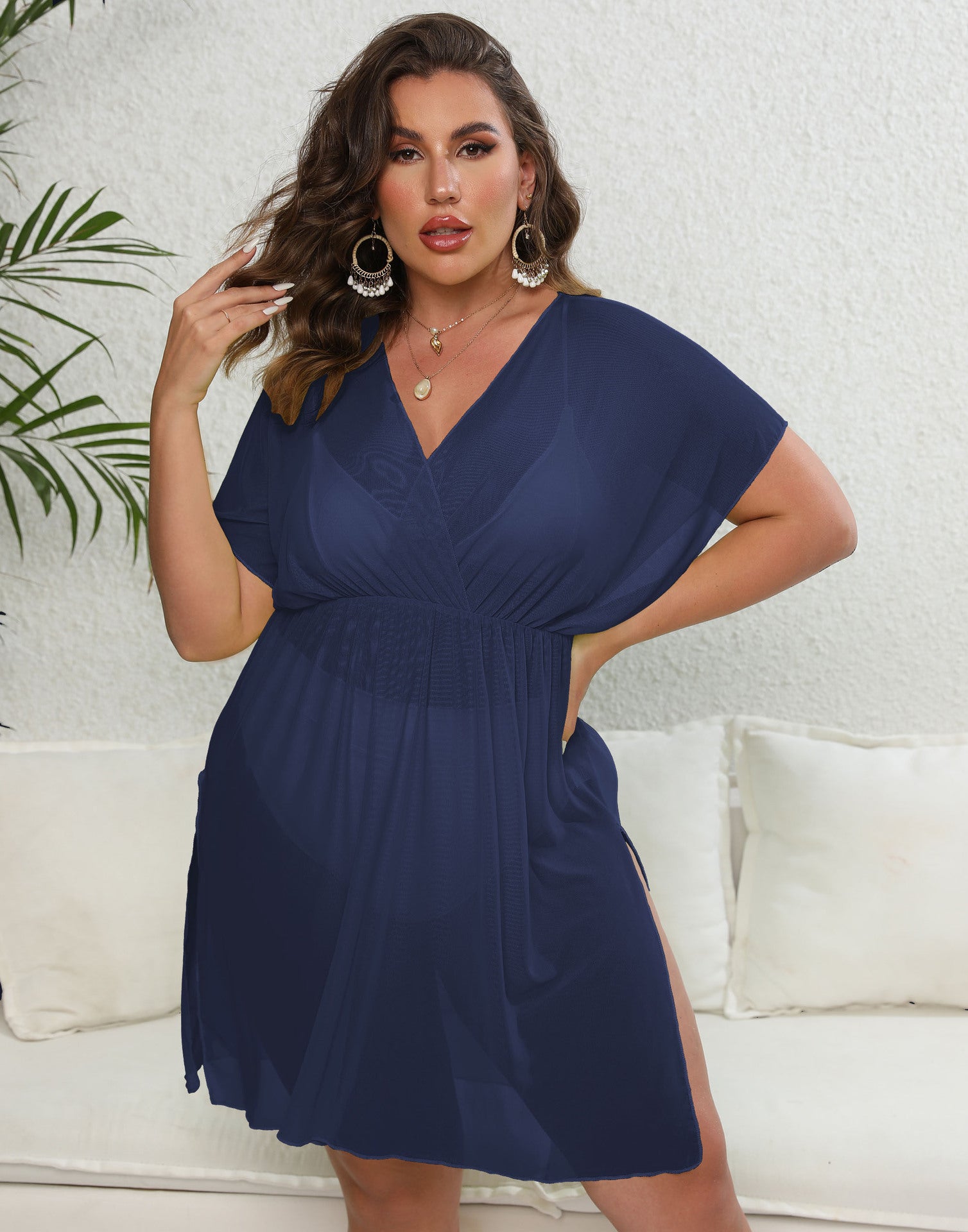Plus SizeWomen Blouse Women Clothes Sexy See through Tulle Deep V Plunge Split Waist Fitted Beach Dress