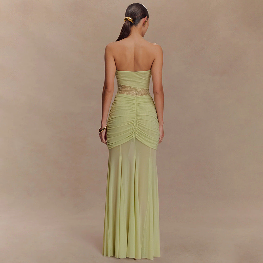 Summer Sleeveless Tube Top Dress Sexy Pleated Hollow Out Cutout Slim Dress for Women