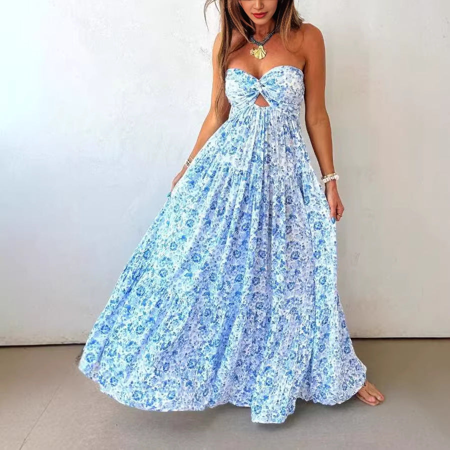 Summer Tube Top Floral Dress Seaside Vacation Twisted Hollow Out Cutout out Large Swing Dress for Women