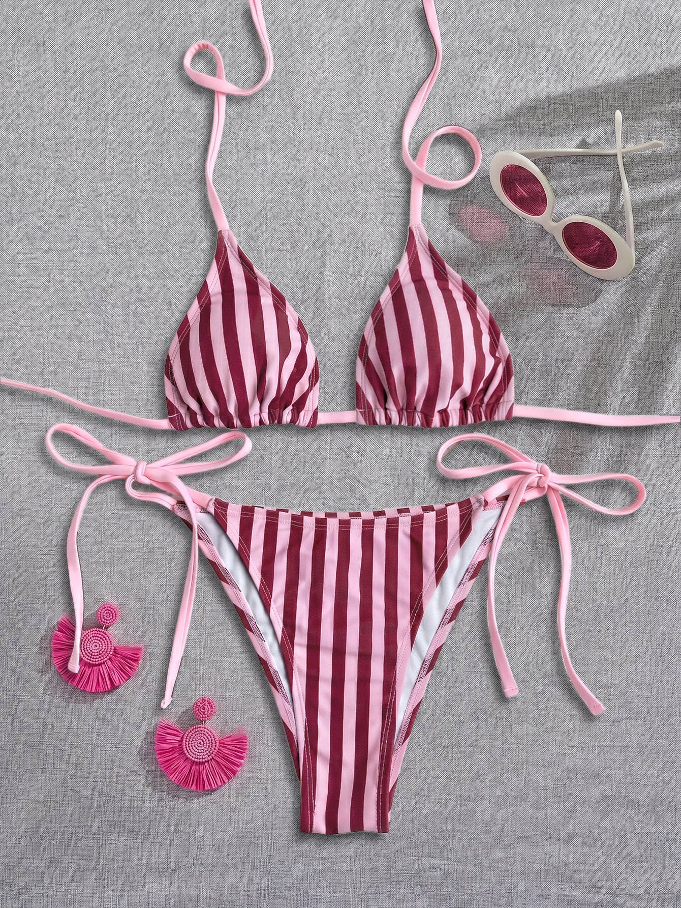 Women Striped Printed Bikini Halter Strap Sexy Split Bikini Seaside Swimwear