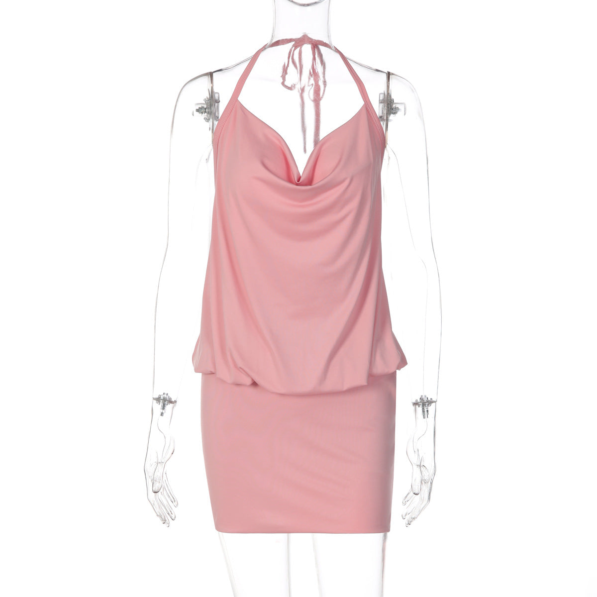 Swing Collar Backless Lace up Dress for Women Summer Sexy Solid Color Halter Hip Dress
