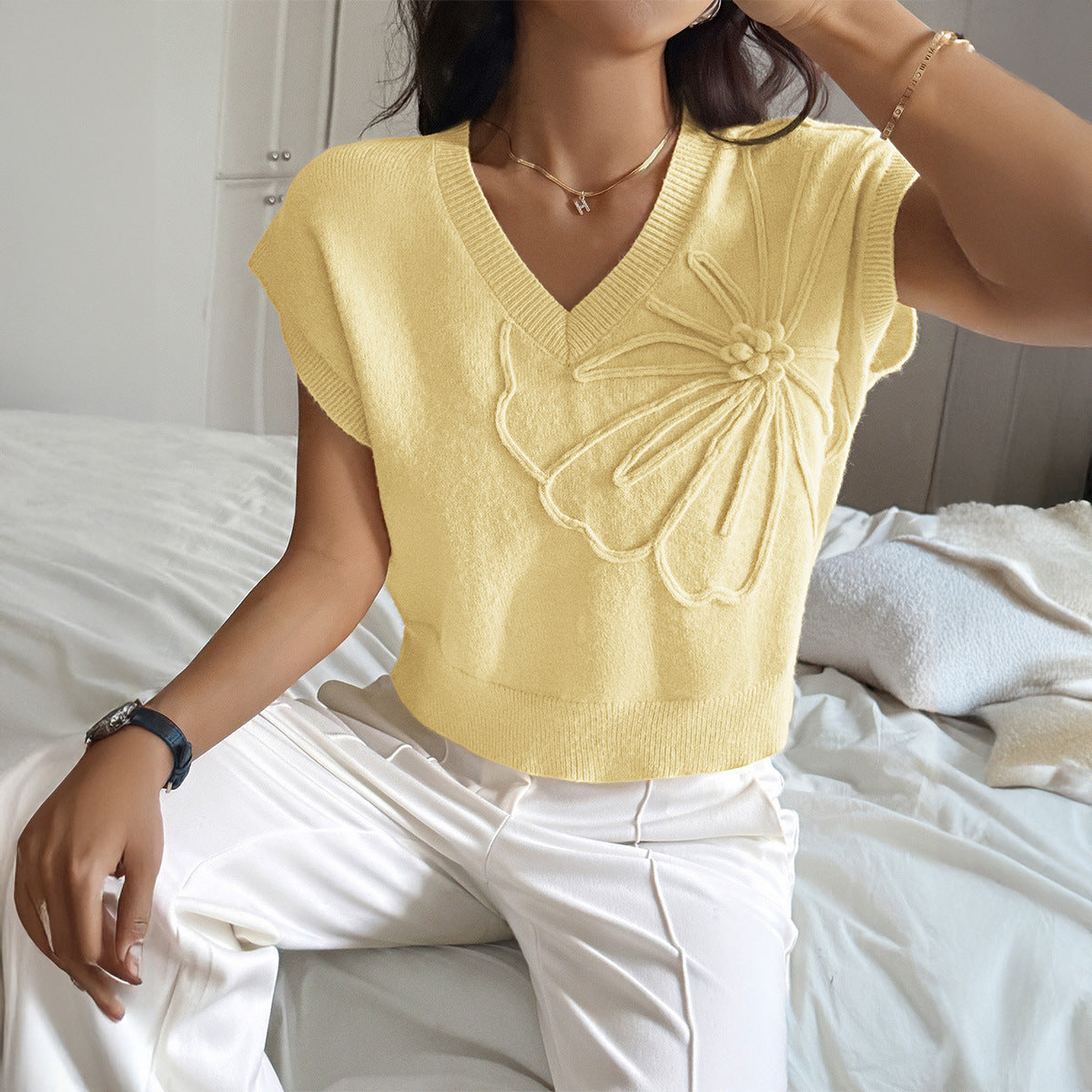 Women Clothing Autumn Winter Casual Vacation Deep V Plunge Neck Solid Color Sweater with Short Sleeves