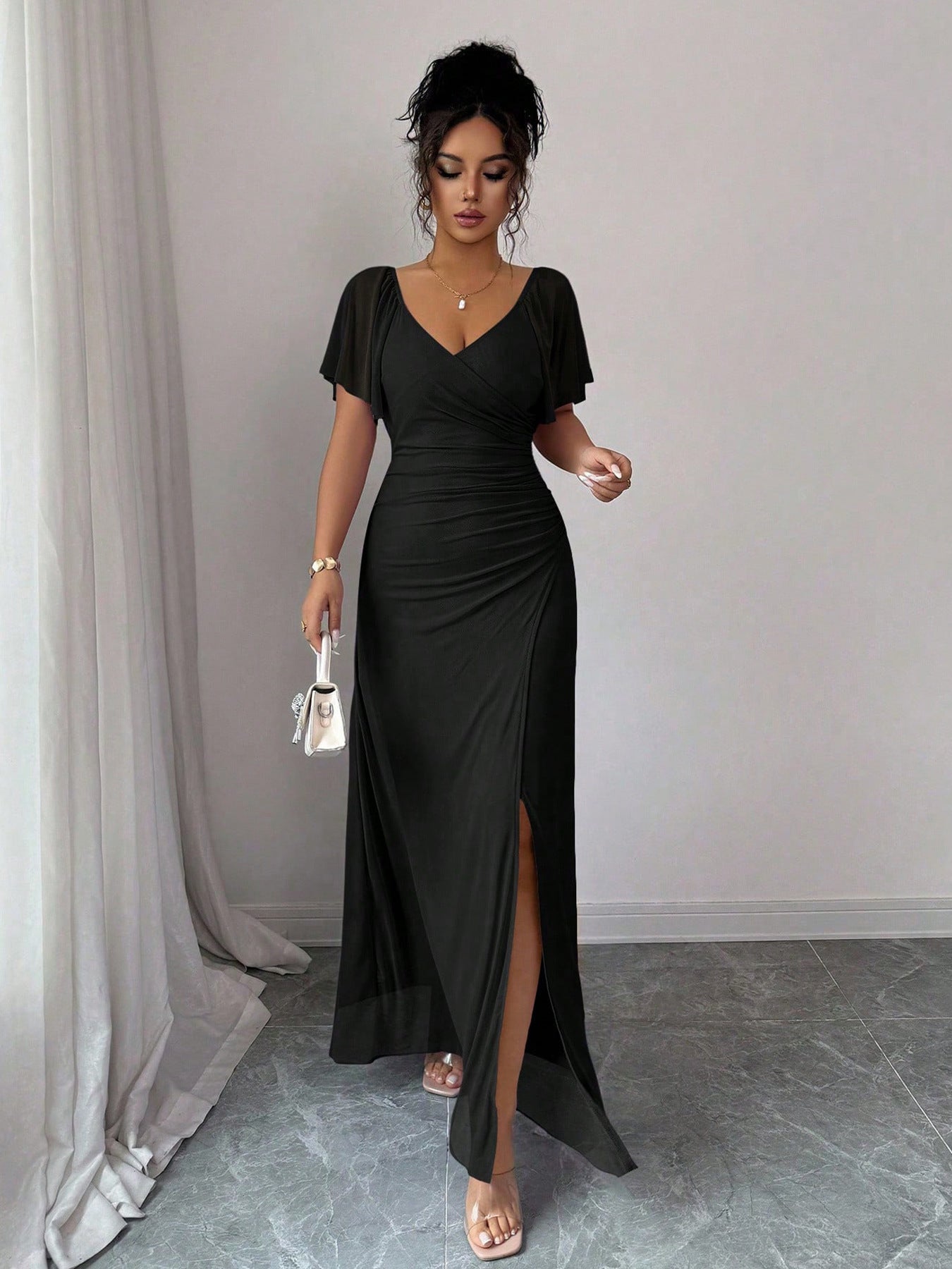 Women Elastic Net V Neck Patchwork Flying Sleeves Slit Evening Dress