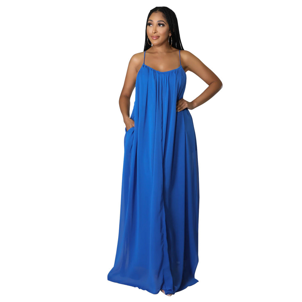 Women Chiffon Solid Color Casual Backless Cami Dress