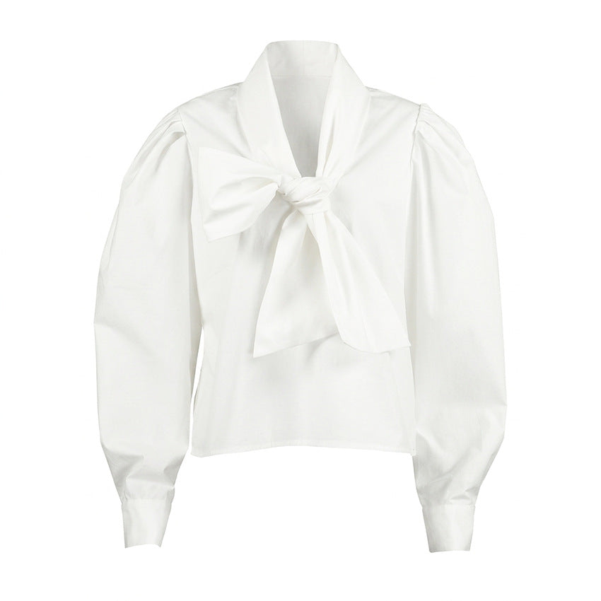 Fall Pure Cotton Shirt Women Bow Bandage Loose Casual Long Sleeves All Matching Women Wear