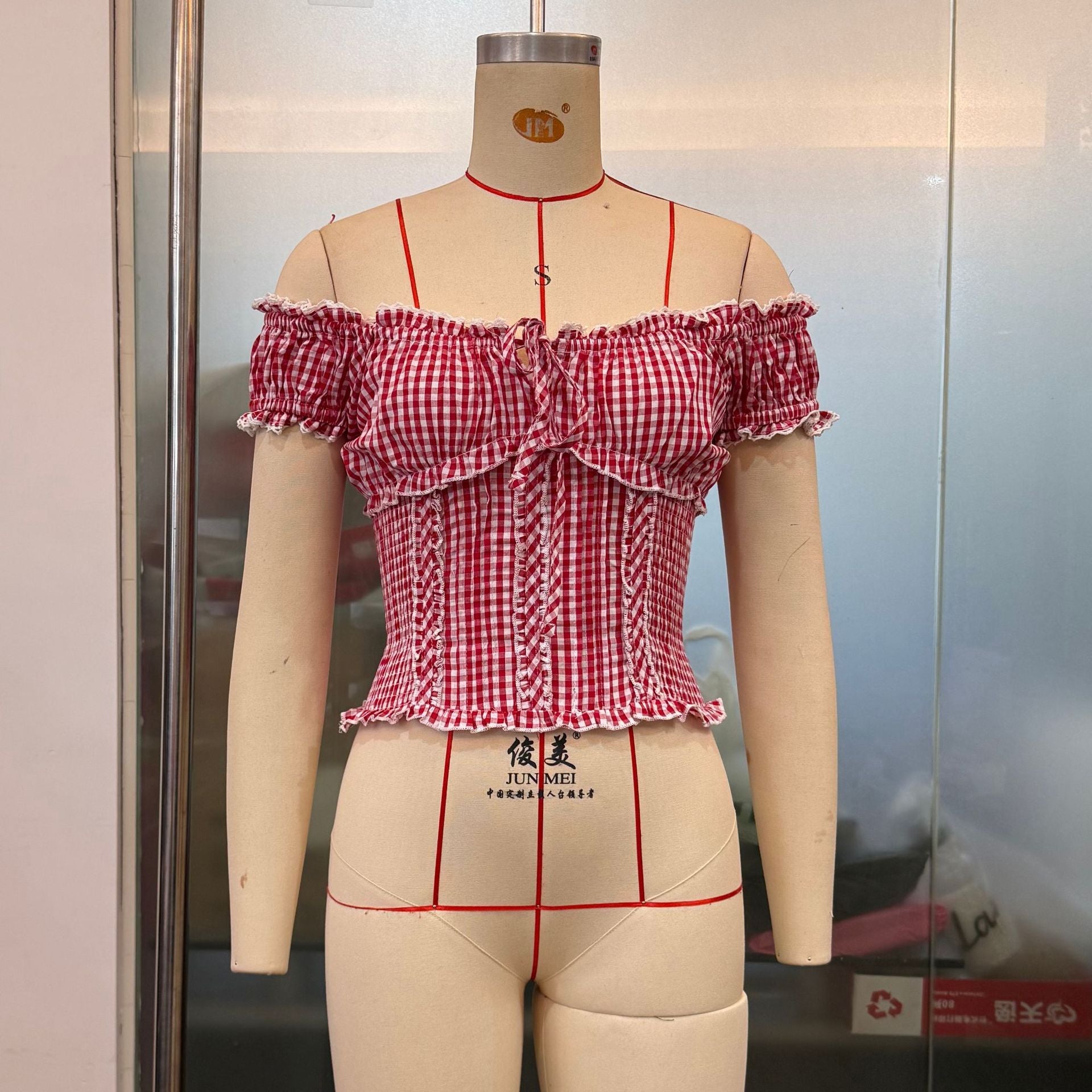 Summer Women Clothing French Plaid Sweet Pure Want Lace Edge Puff Sleeve Short Top