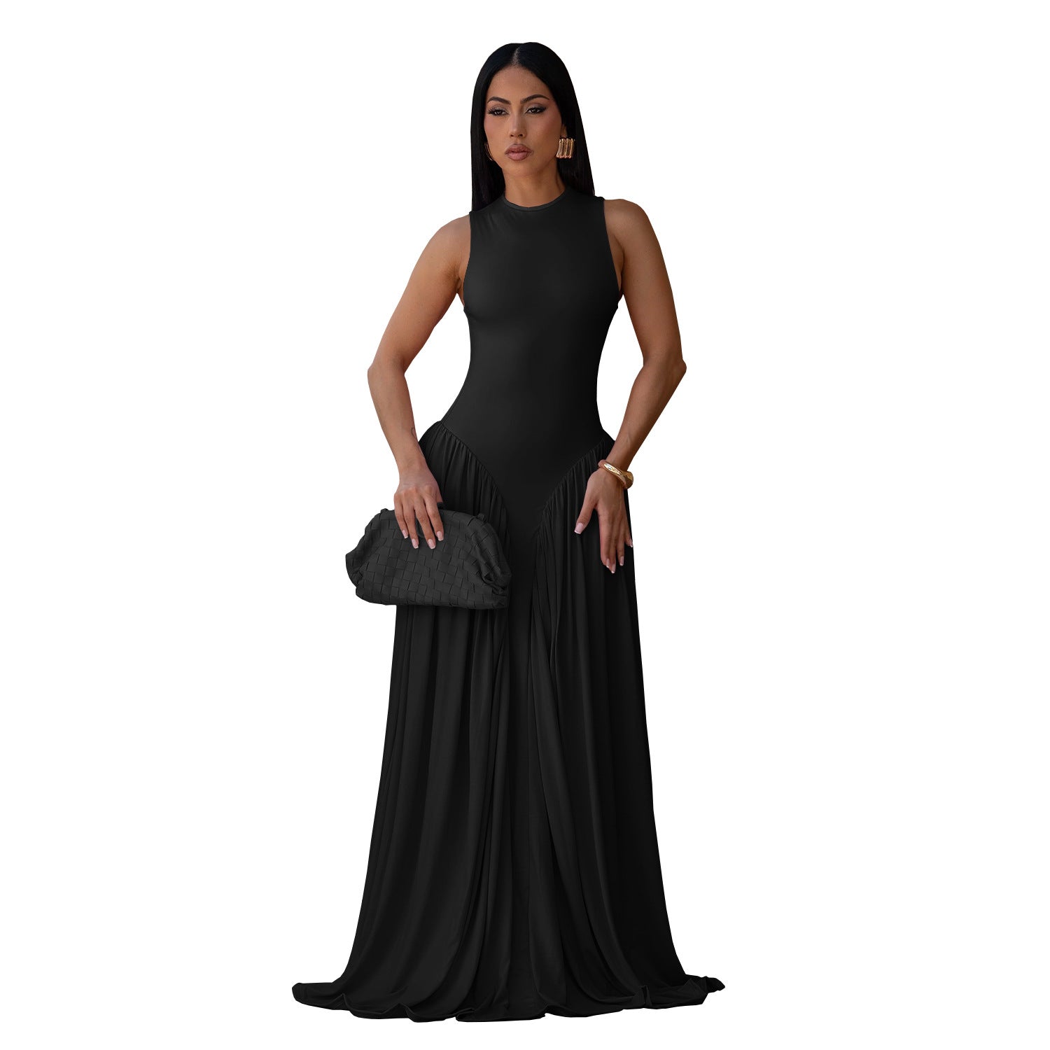 Women Wear Elegant Solid Color round Neck Sleeveless Dress