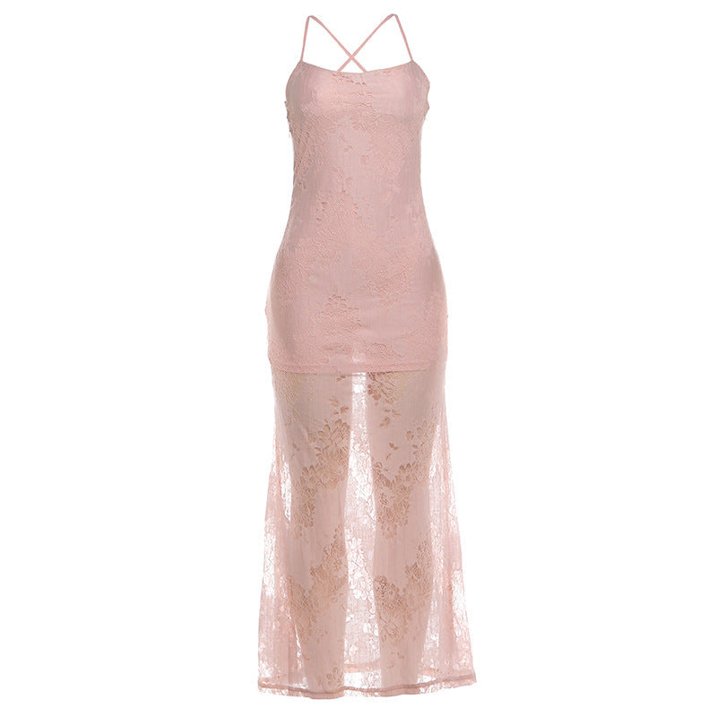 Summer Women Clothing Slim Fit Sexy Sling Low Collar Mesh Tied Dress