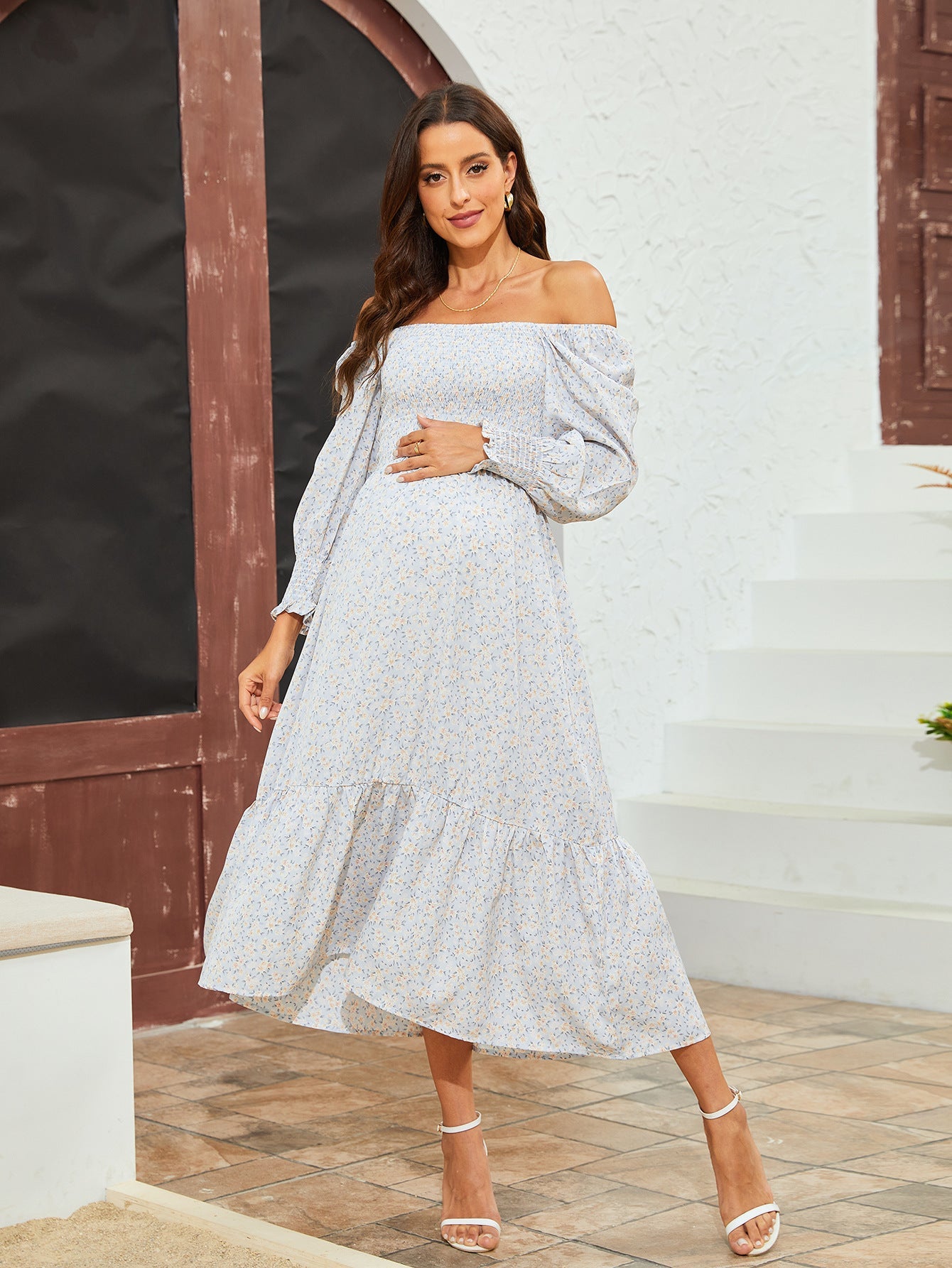Spring Summer Women Chiffon Dress Fresh Small Floral Dress Bell Sleeve Dress
