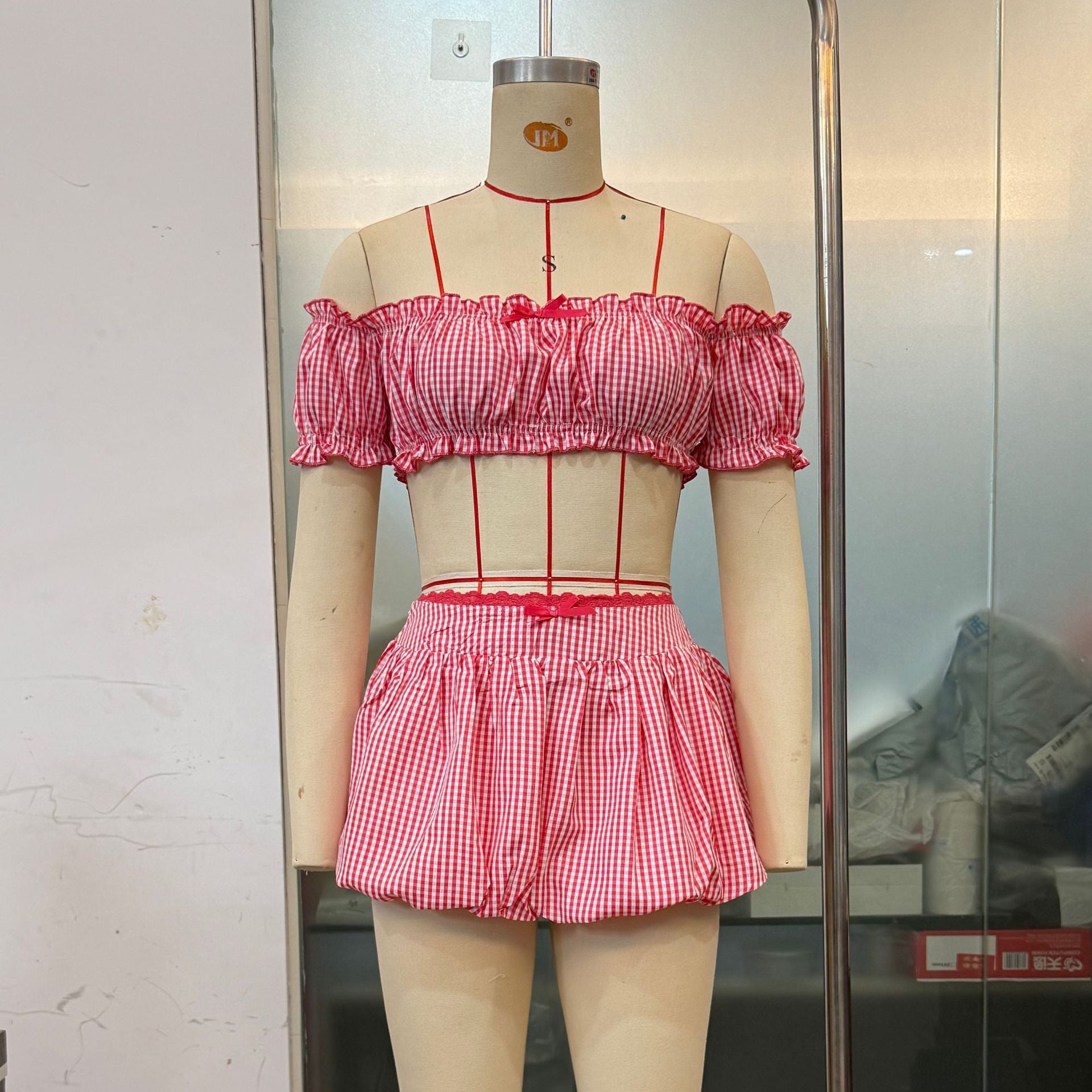 Women Clothing Summer Plaid Sexy Bow Tube Top Sexy Short Skirt Two Piece Sets