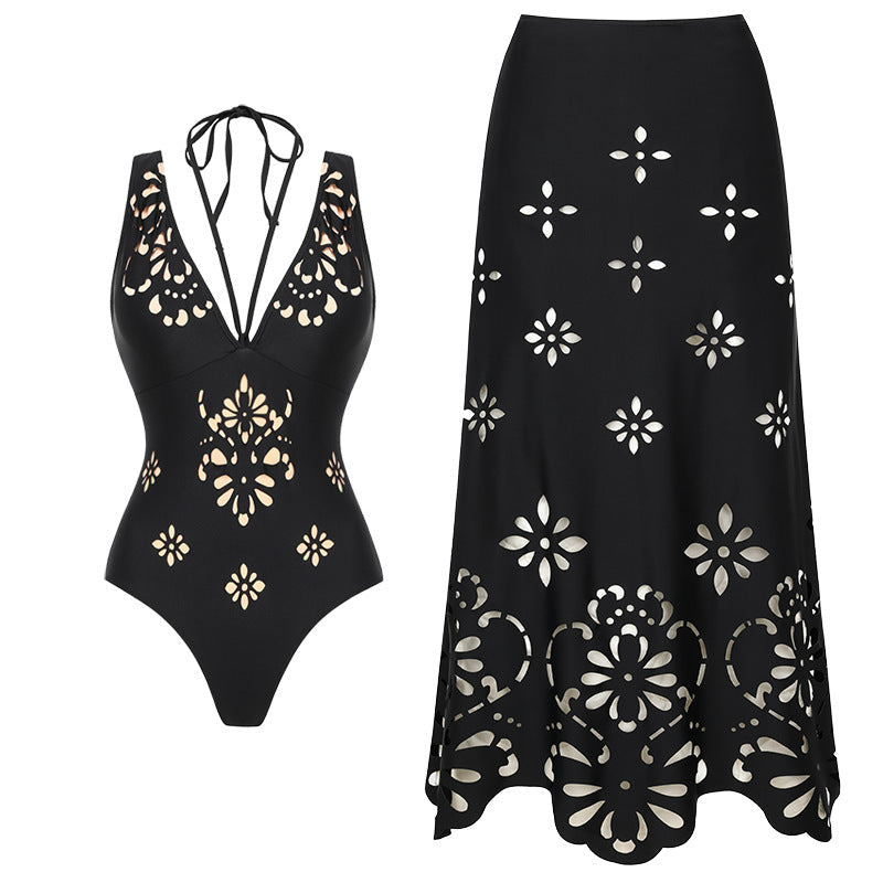 Swimsuit black laser Hollow Out Cutout high end swimsuit set women maxi dress one size fits all