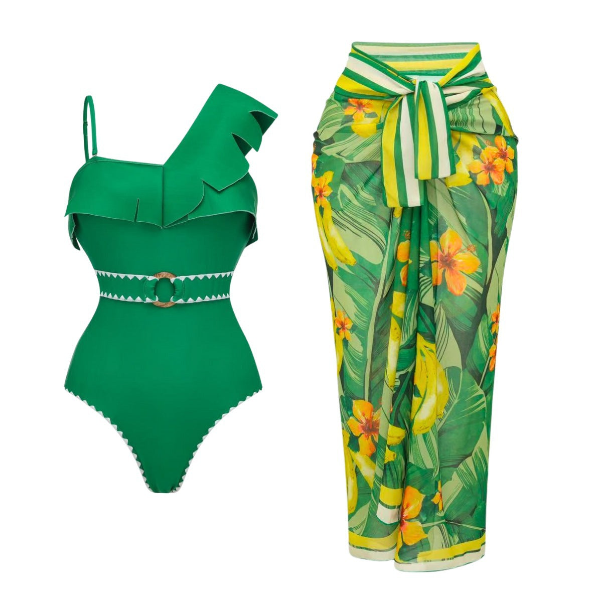 Swimsuit Green Banana Floral Print One Piece Swimsuit Set Women
