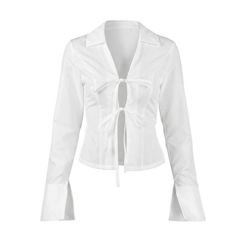 Sexy White Shirt Women Lace up Waist Controlled Long Sleeves Loose Casual Slimming Top