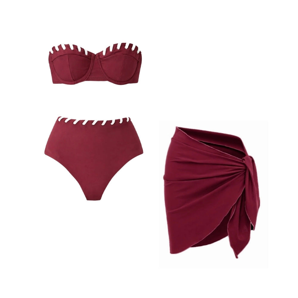 Bikini Wine Red Niche Design Tube Top Split Swimsuit Women