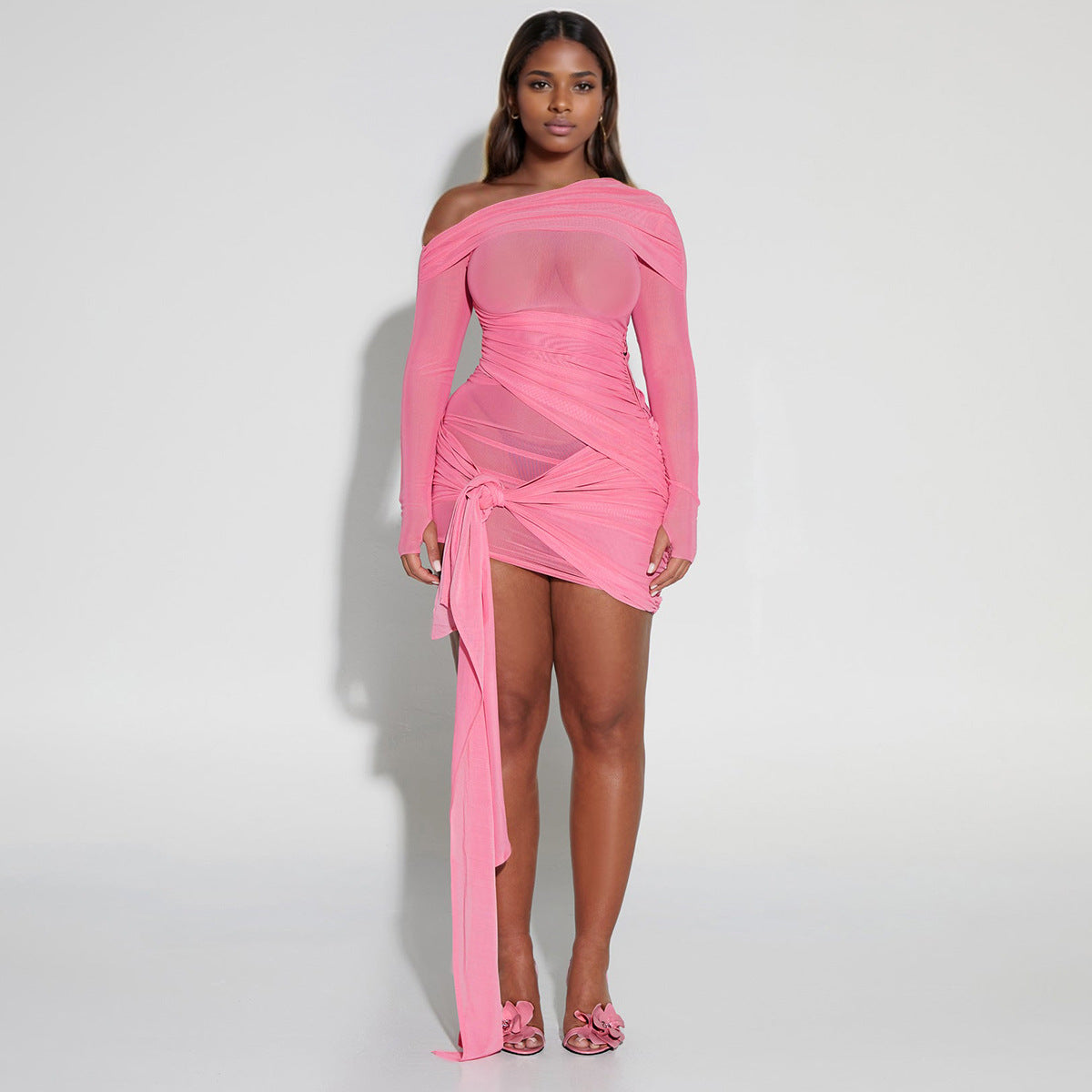 Spring Summer Women Wear Off Neck Design Sexy Pleated Dress Dopamine Sexy