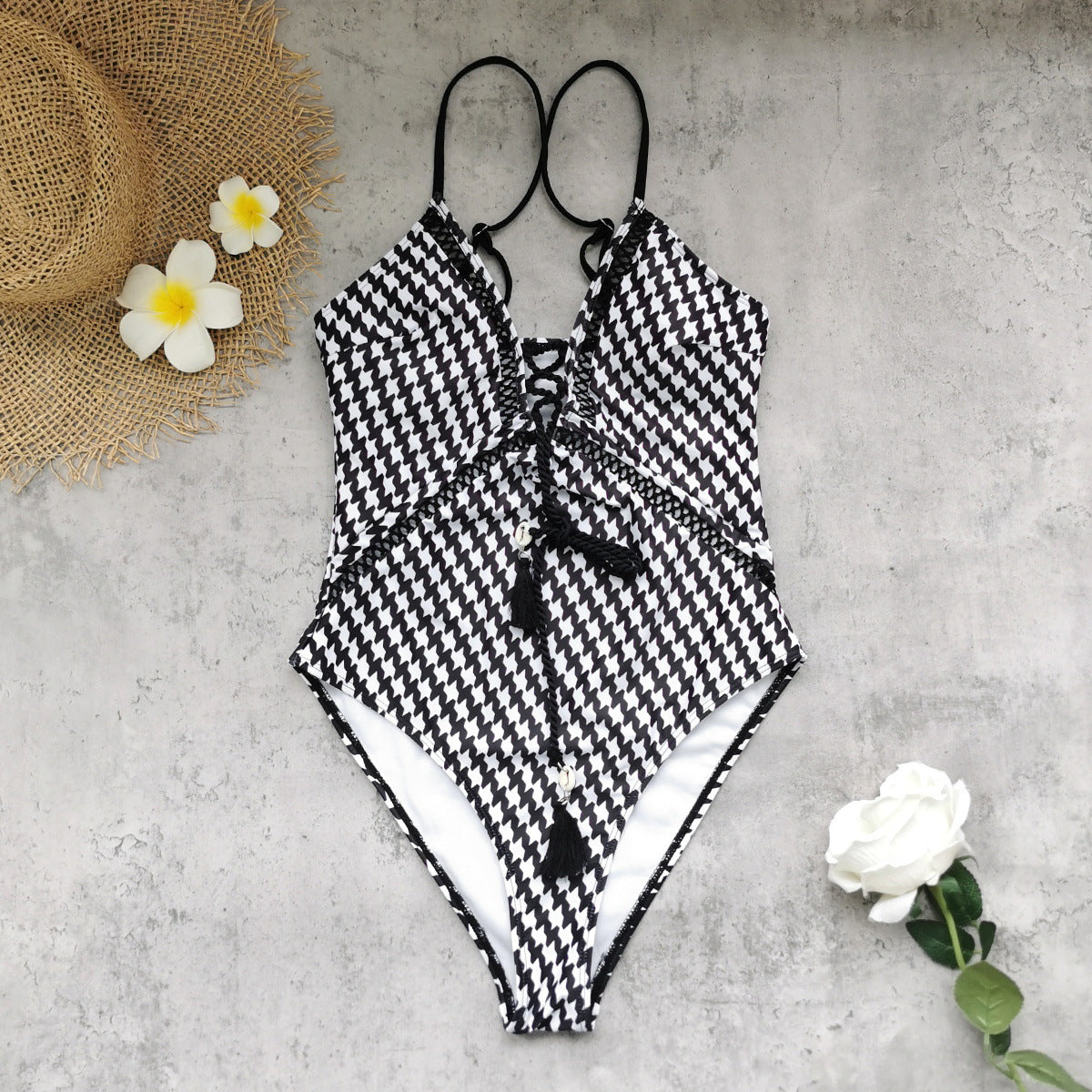 Deep V Plunge Strap One Piece Swimsuit for Women Plaid Printed