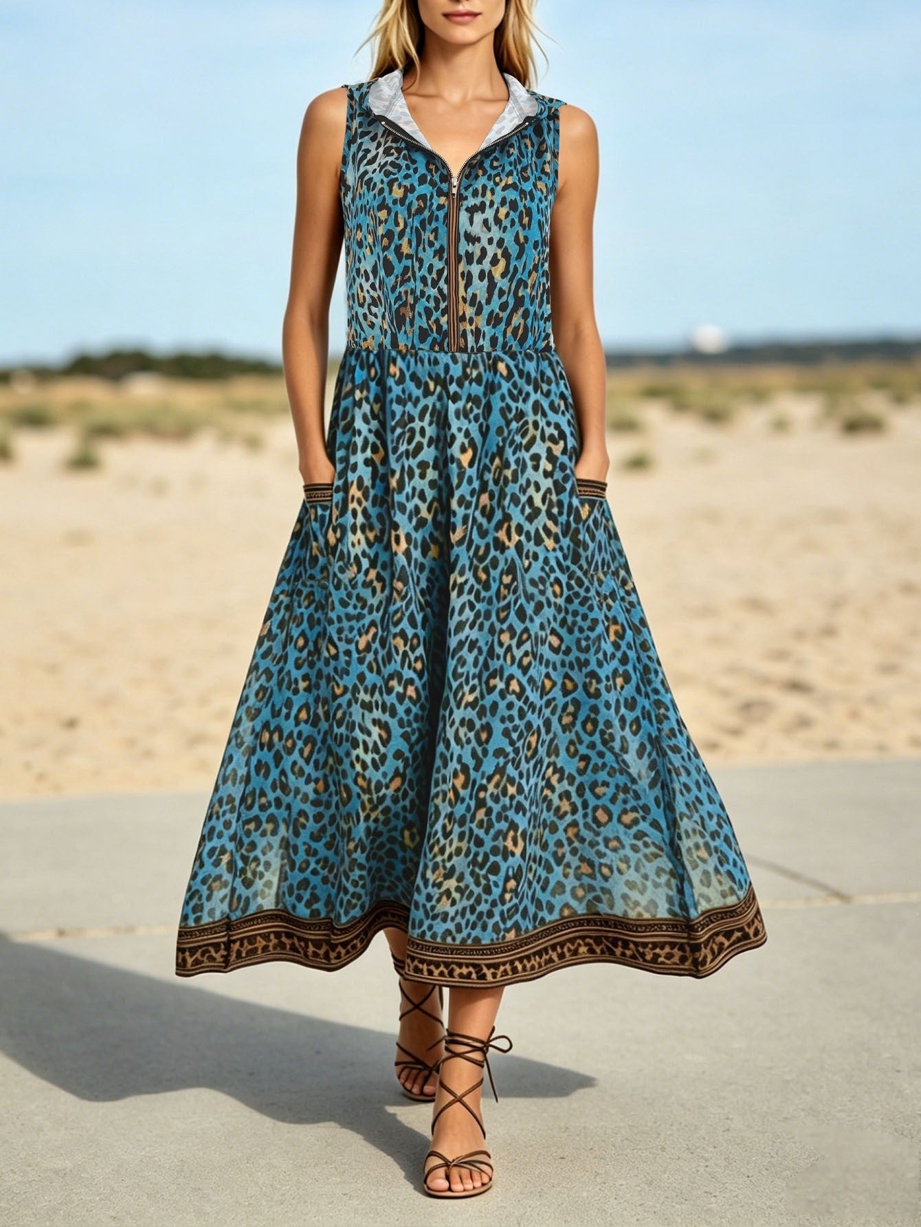 Casual Leopard Print Printed Dress Hooded Zipper Pocket Beach Dress
