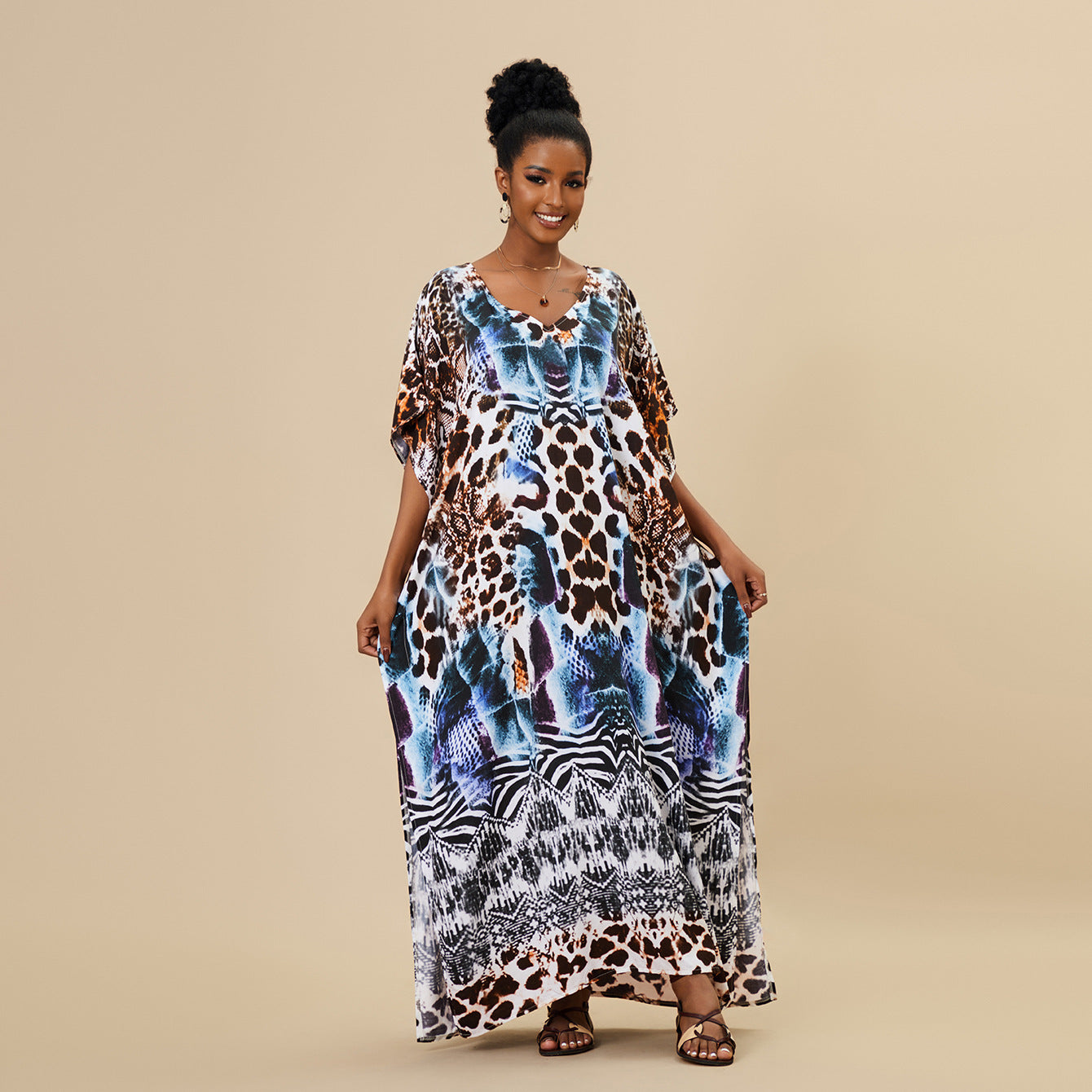 Loose Long Beach Cover Up Rayon Positioning Print Holiday Robe Dress Women