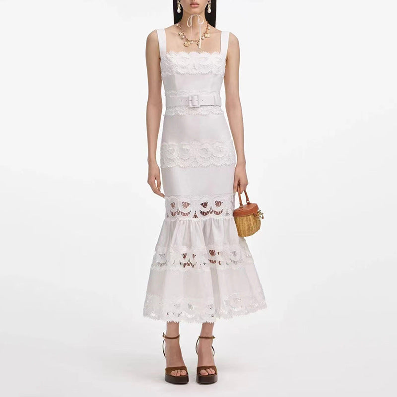Vacation Maxi Dress Hollowed out Embroidered Strap Fishtail Design Dress Women