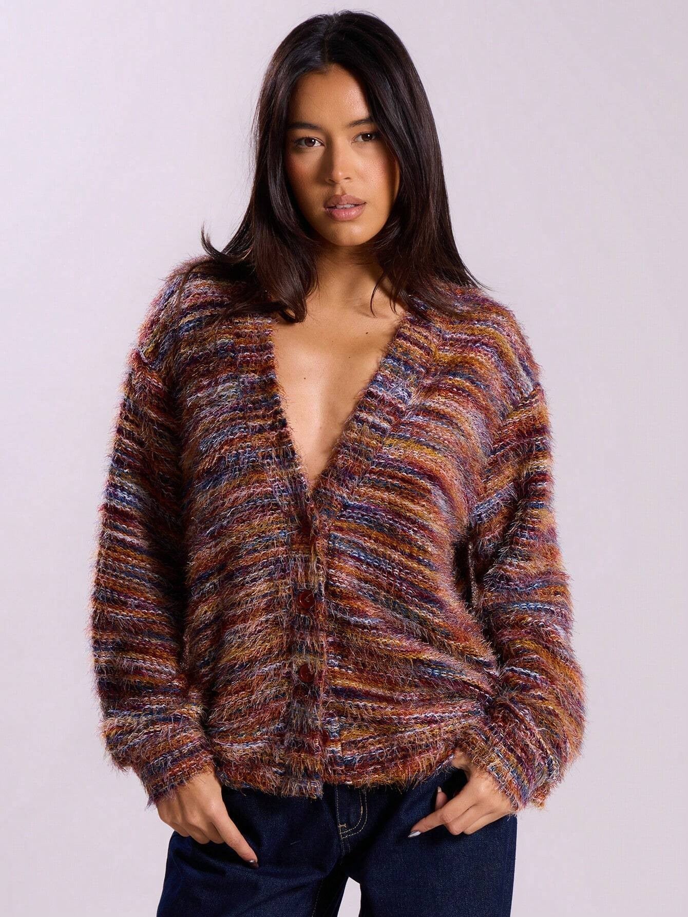 Retro Deep V Plunge neck Design Maillard Plush Long Sleeve Cardigan