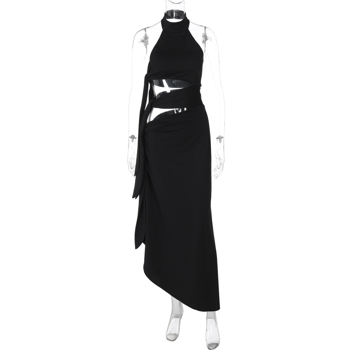 Sexy Hollow Out Cutout Backless Stitching Strap Long Slit Halter Dress Women