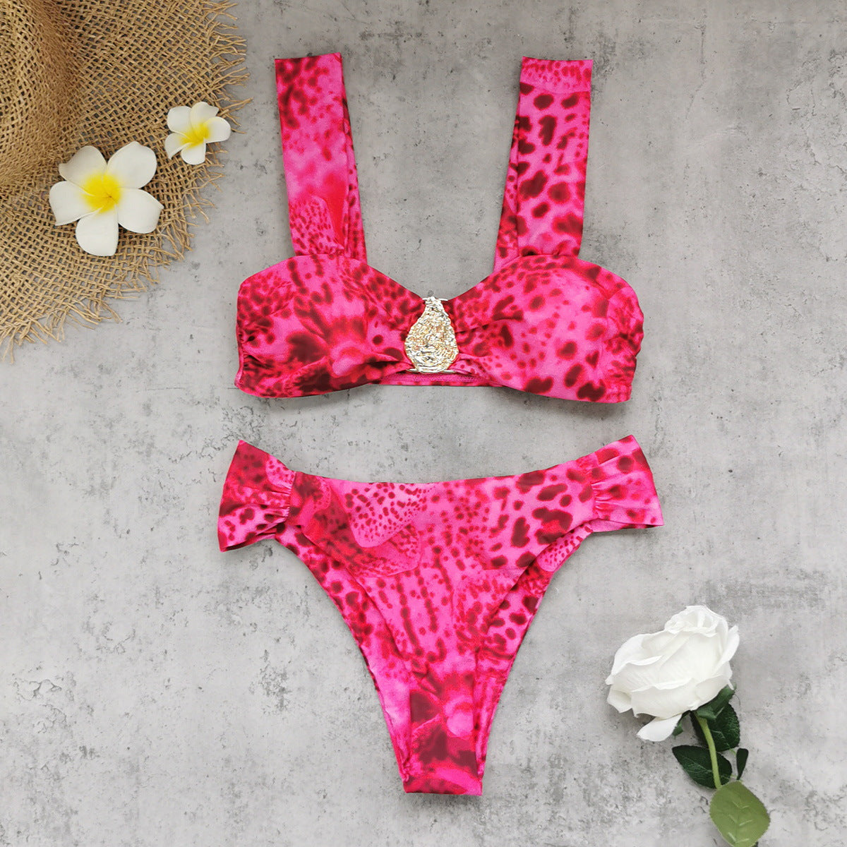Pink Leopard Print Printed Split Swimsuit Women Bikini