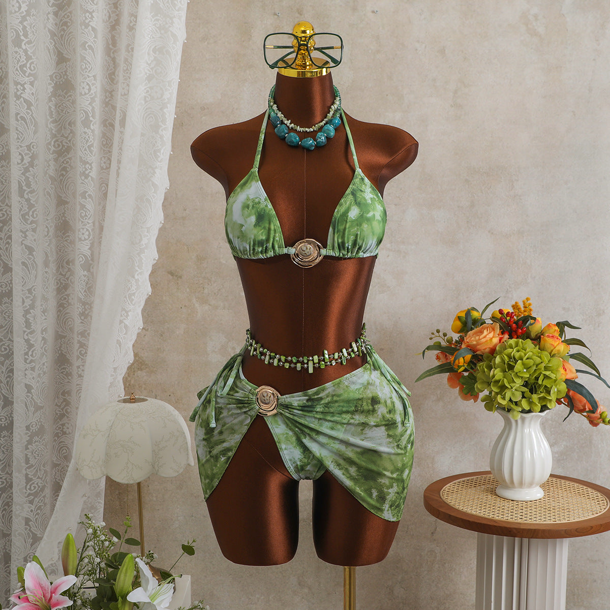 Sexy Tie Dyed Mesh Three Piece Swimsuit Holiday Halter Banded Bikini