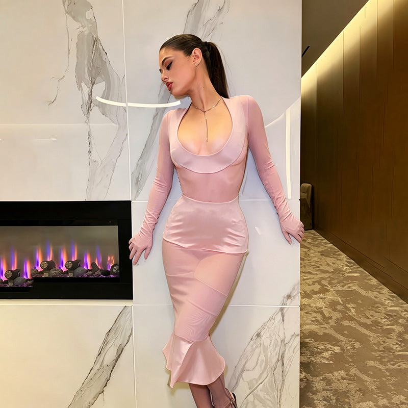 Summer Arrival Low Collar Long Sleeves Slim Fit Sexy See through Mesh Cinched Sheath Dress