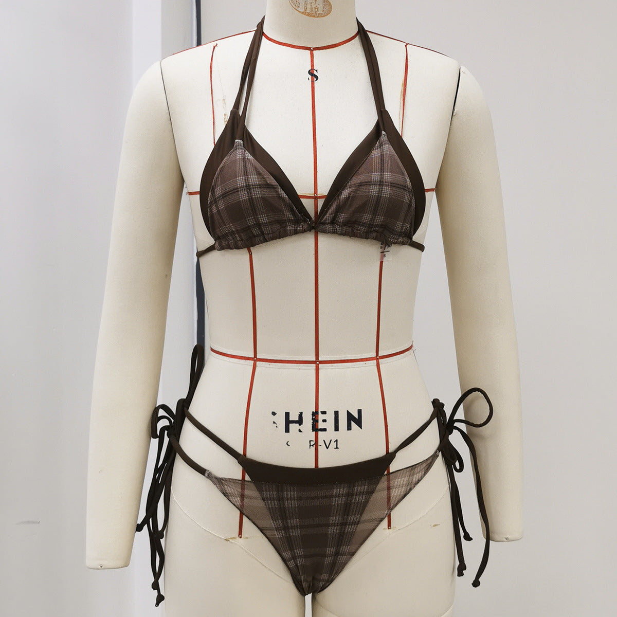 Three Point Solid Color False Two Piece Lace up Sexy Halter Bikini Split Swimsuit for Women