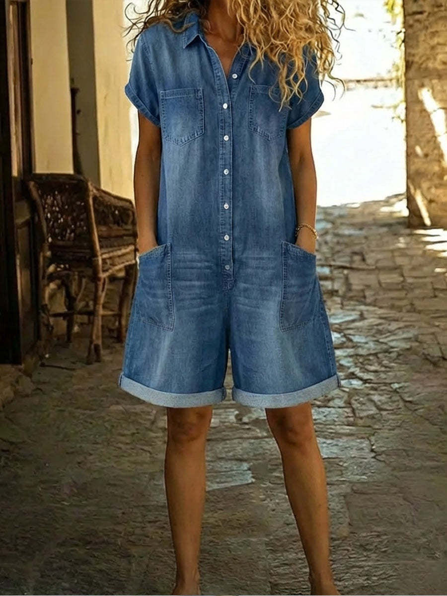 Spring Short Sleeve Multi Pocket Shirt Washed Denim Jumpsuit Shorts Women Clothing