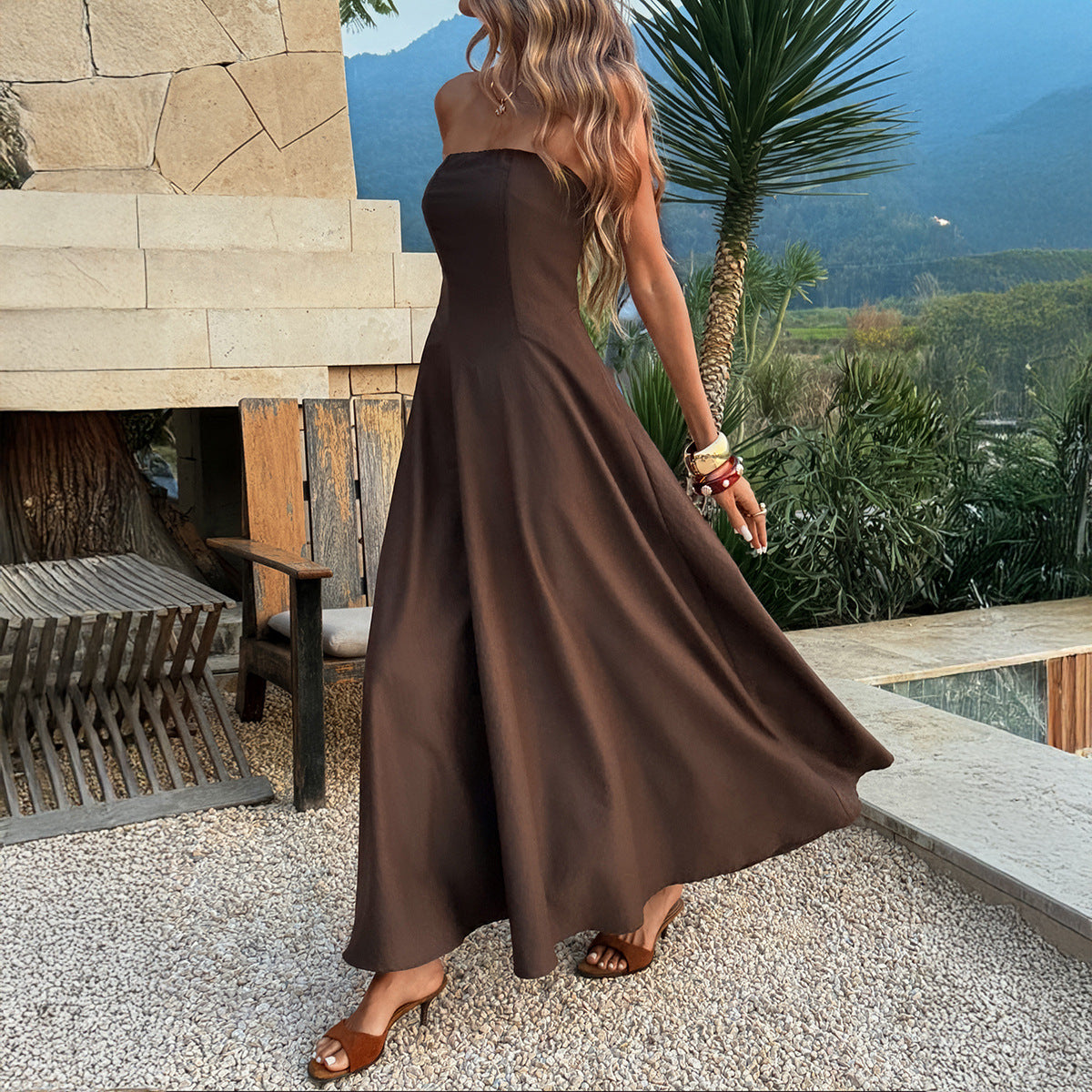 Spring Summer Woven Tube Top Solid Color Retro Holiday Casual Dress