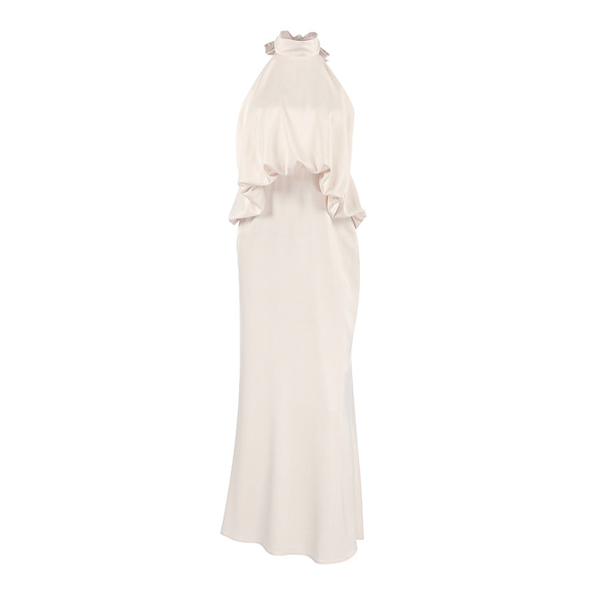 Satin Light Luxury Design Apricot Halter Lace up Backless Slim Fit Sleeveless Women Summer Dress