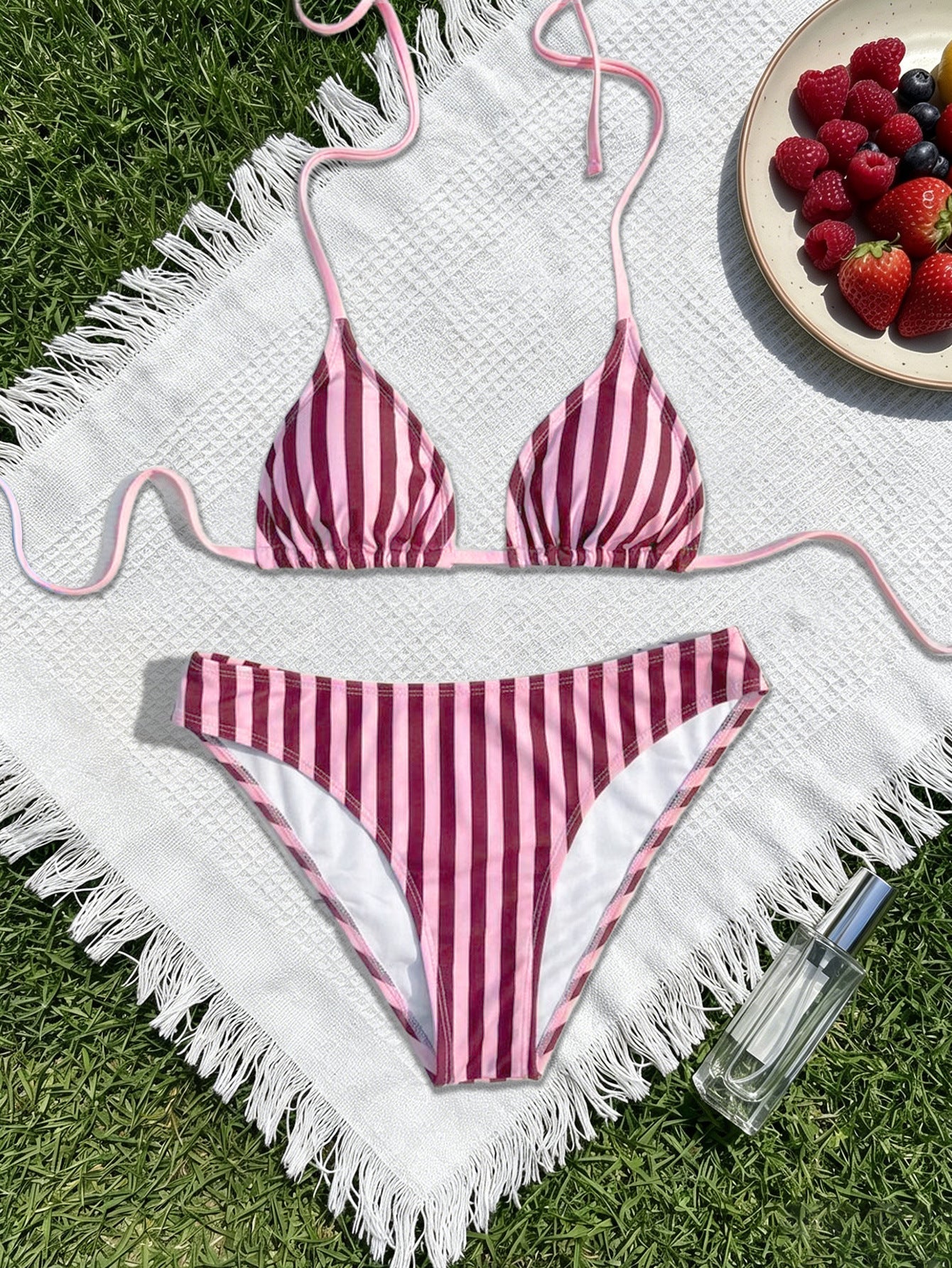 Striped Printed Bikini Triangle Cup Lace up Sexy Backless Split Bikini Swimsuit