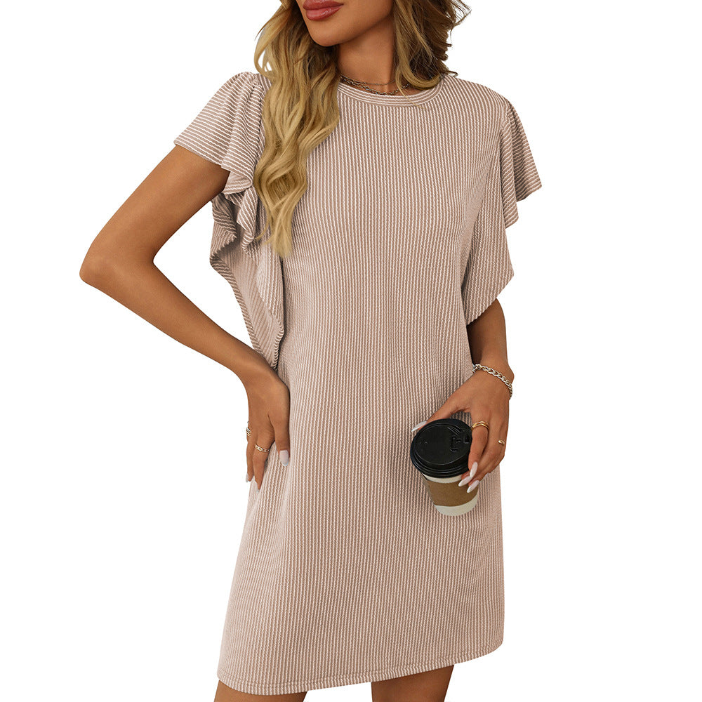 Summer Women Clothing Contrast Color Twist Strip Ruffle Sleeve Mid Length Dress