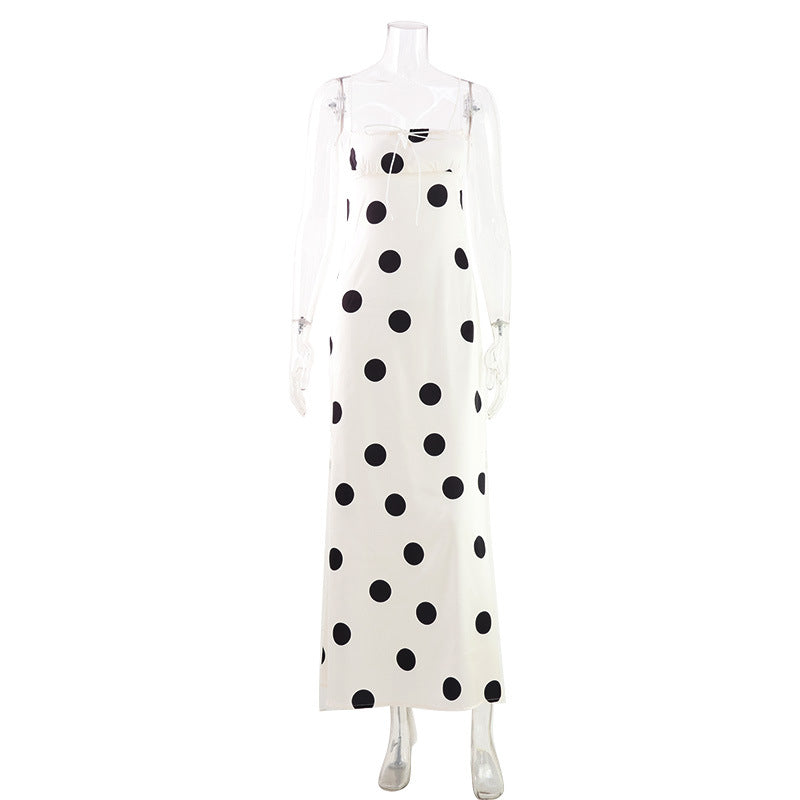 French Socialite off Neck Strap Slim Fit Summer Dress Slim Fit Gentle Elegant Polka Dot Maxi Dress