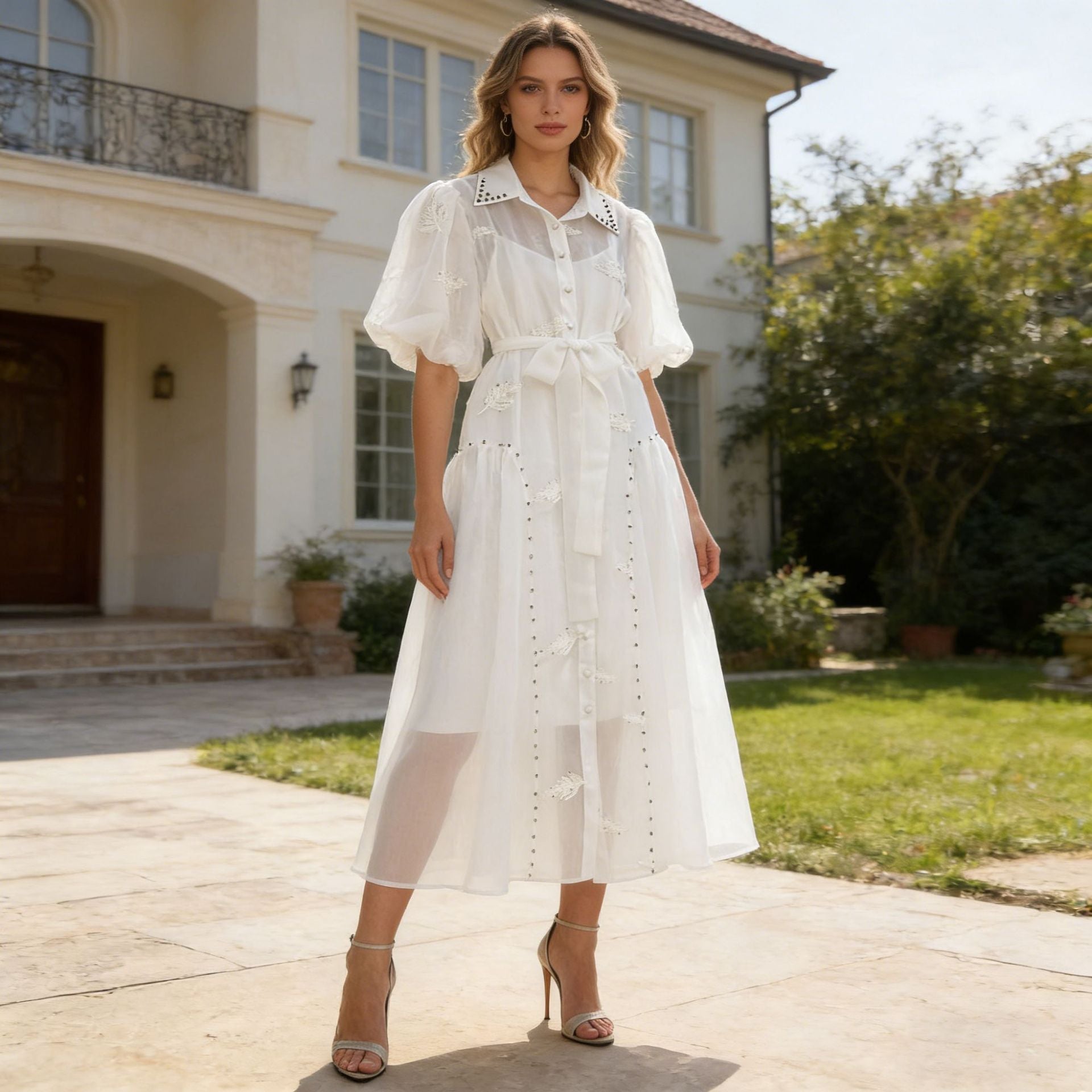 Spring Puff Sleeve Solid Color Waist Tight Collared Patchwork Maxi Dress Two Piece Elegant Dress for Women