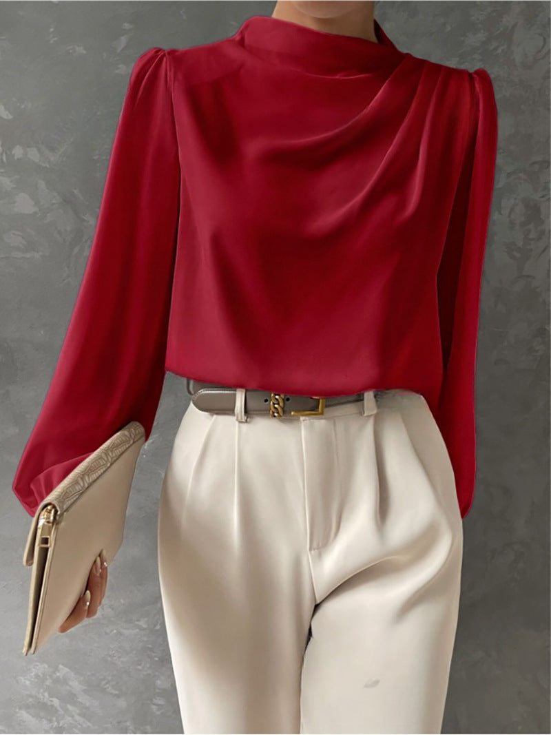 Solid Color Pleated Women Shirt Elegant Pullover Satin Top Office Long Sleeve Top