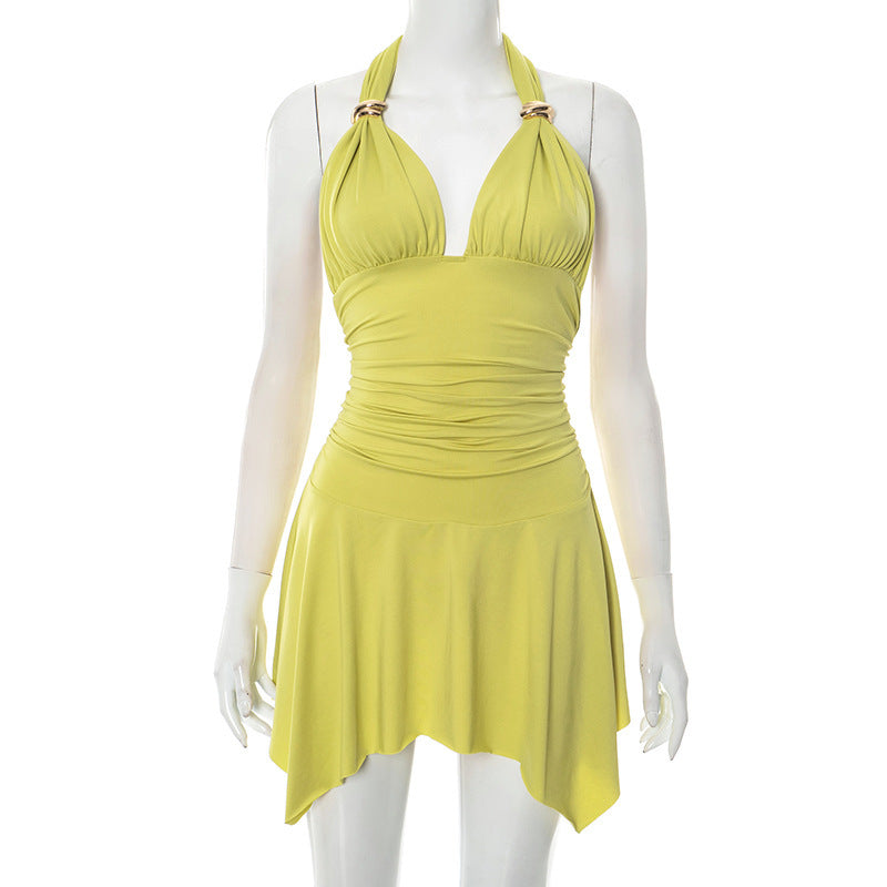 Women Clothing Summer Sexy Halter Sleeveless Solid Color Dress Women