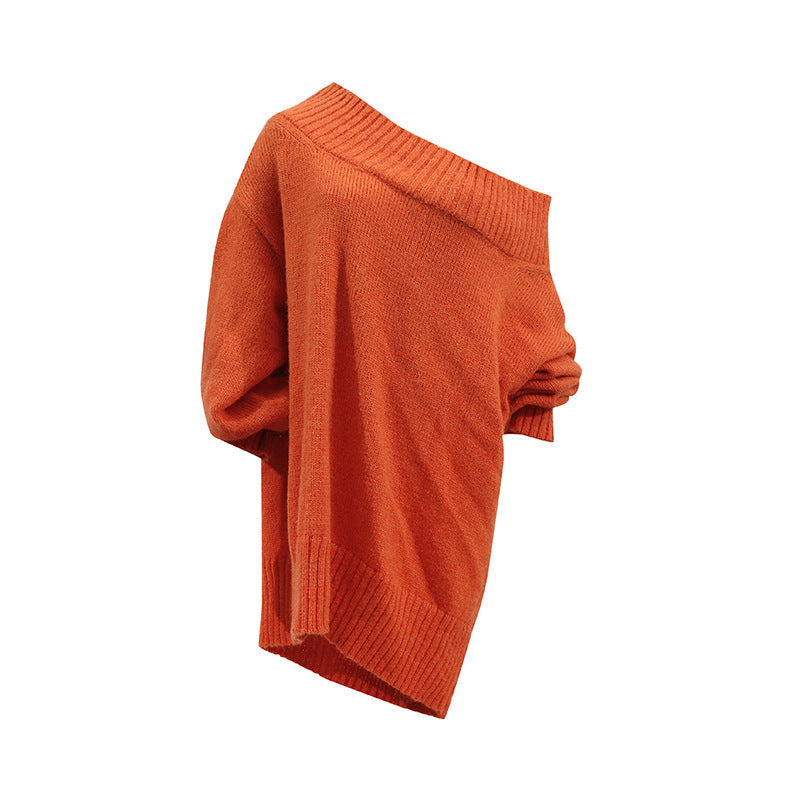 Casual Idle Loose Sweater Women Autumn Diagonal Collar Oversleeves Design Blouse