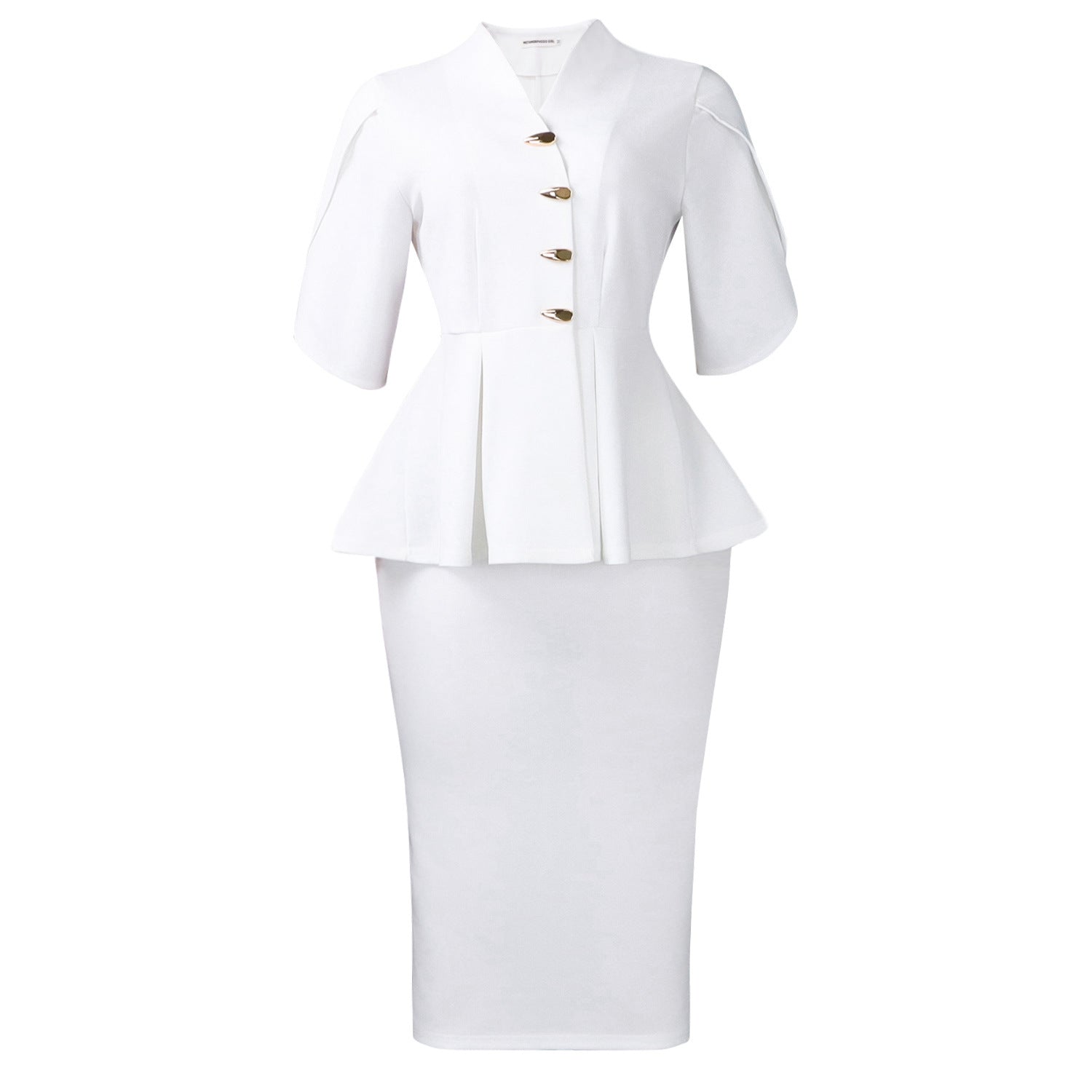 Women Clothing Short Sleeve Elegant Ruffled Hip Split Solid Color Set