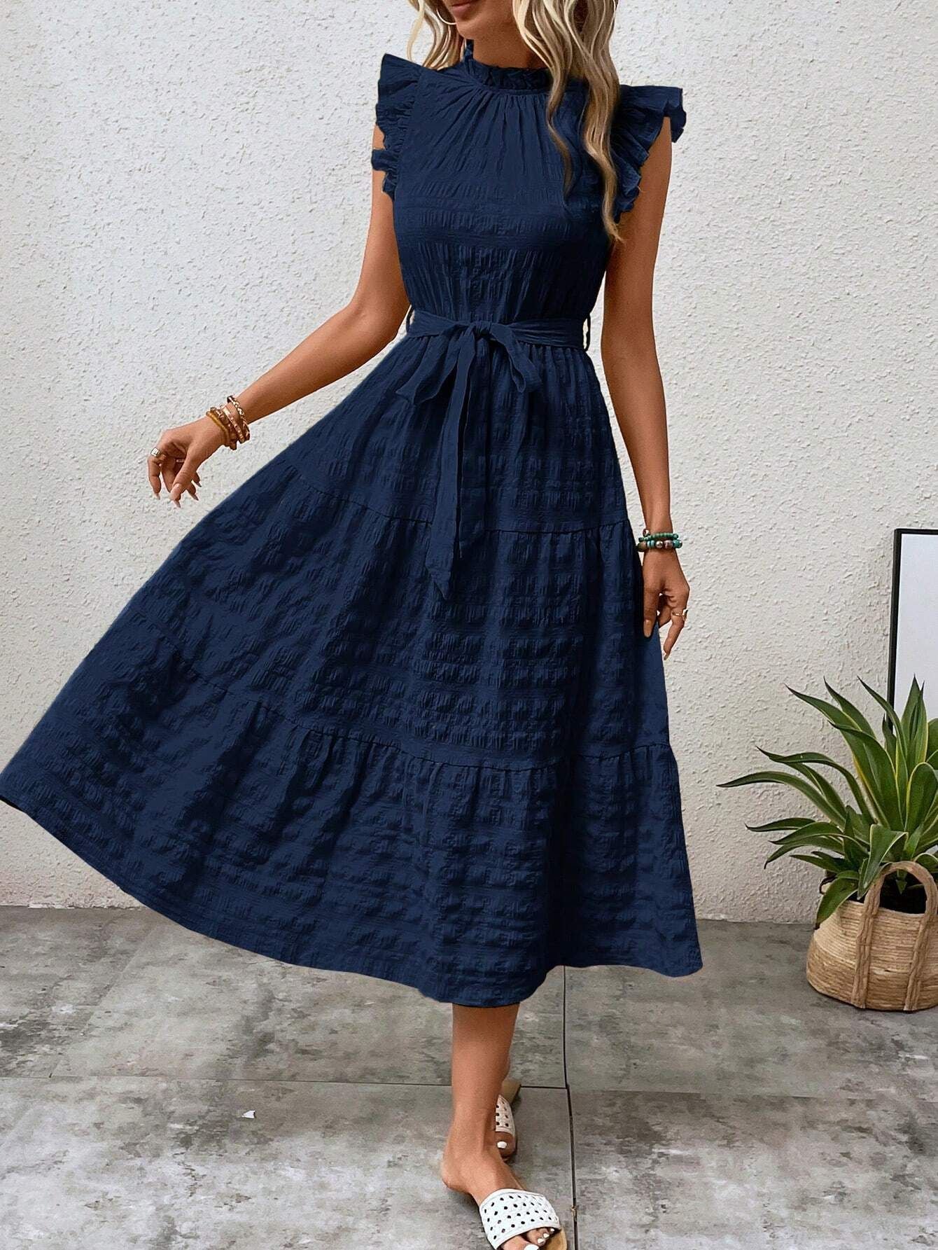 Women Clothing Summer Fashionable Stringy Selvedge Flying Sleeves Lace Up Texture Dress