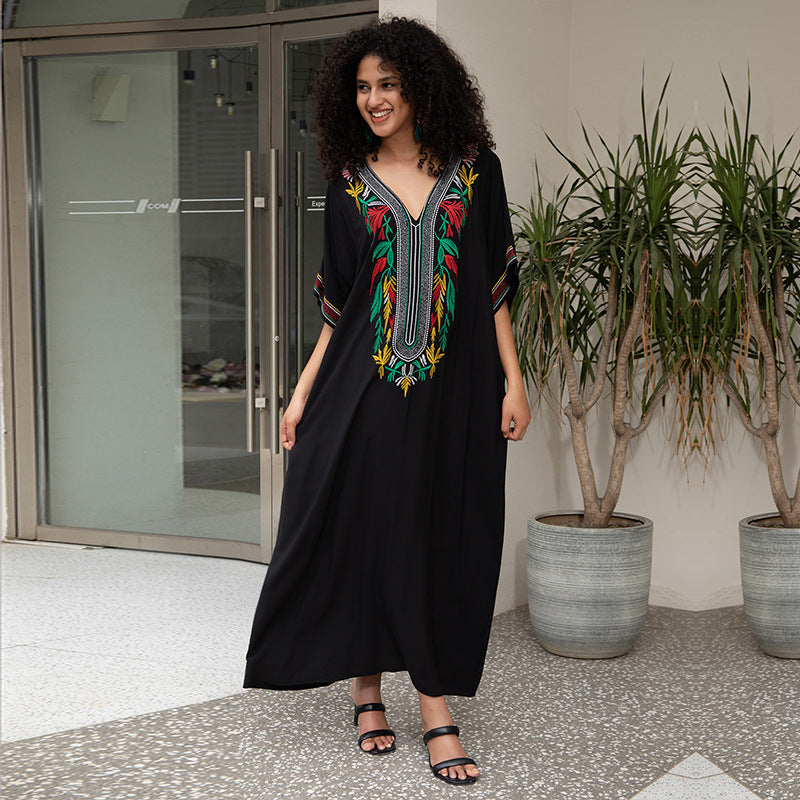 Cotton Embroidered Vacation Beach Blouse Maxi Dress Loose Robe Sun Protection Bikini Cover Up Blouse