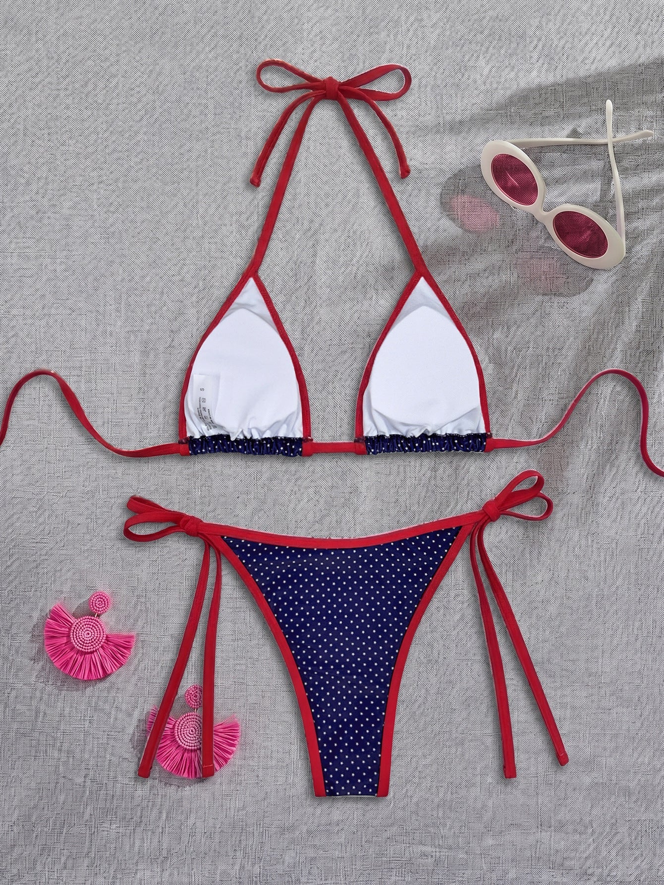 Contrast Color Printed Swimsuit Halter Strap Seaside Bikini Sexy Split Low Waist Bikini
