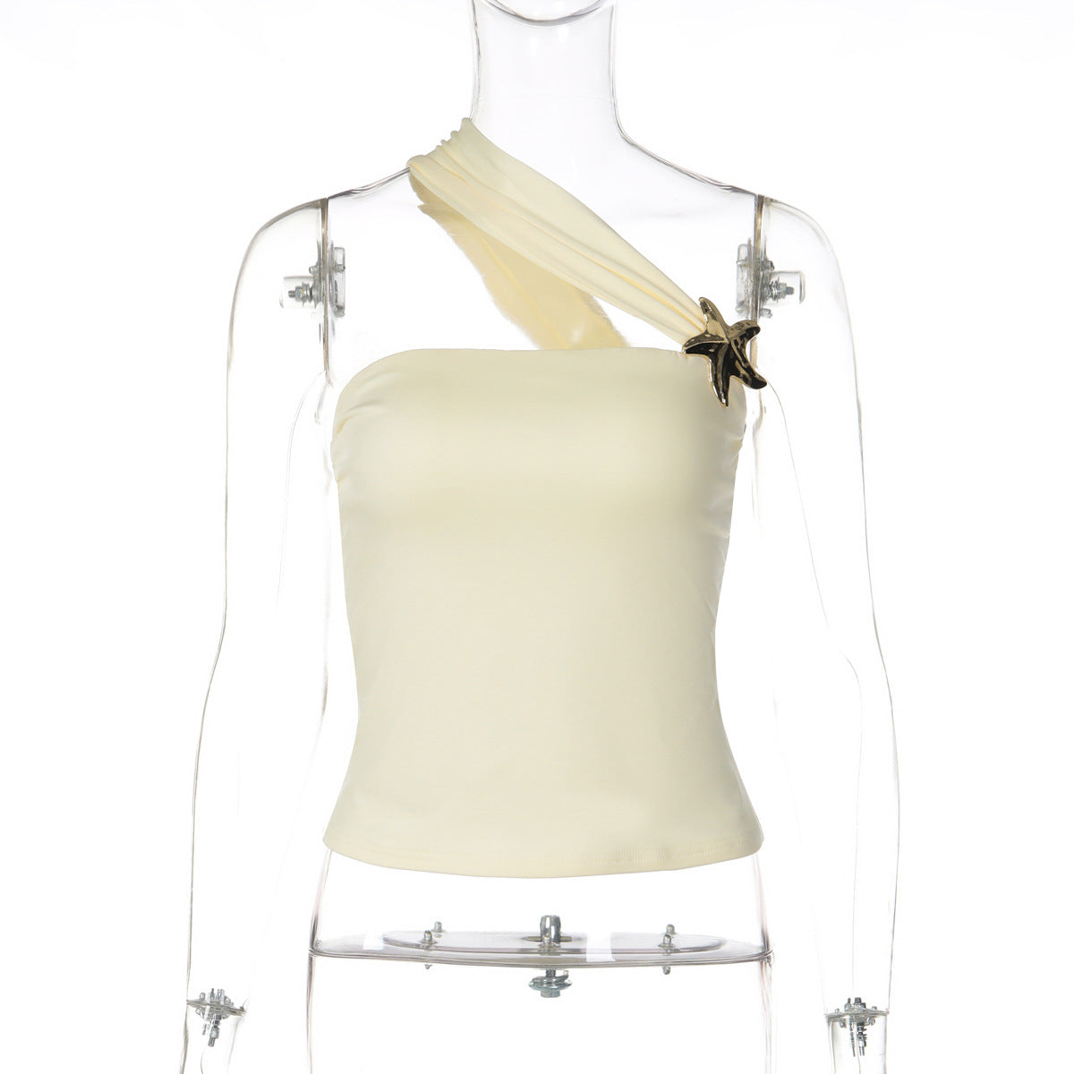 Women Clothing Spring Unique One Shoulder Diagonal Collar Gold Plate Buckle Decoration Tops