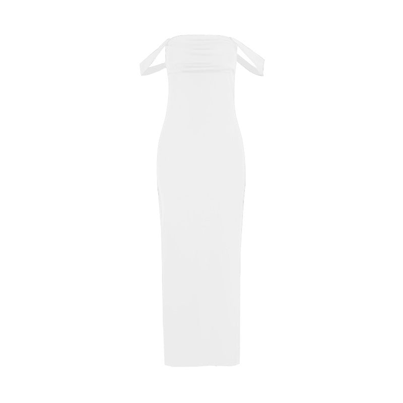 Women Clothing Summer off the Shoulder Tube Top Pleated High Waist Backless Simple High End Evening Dress