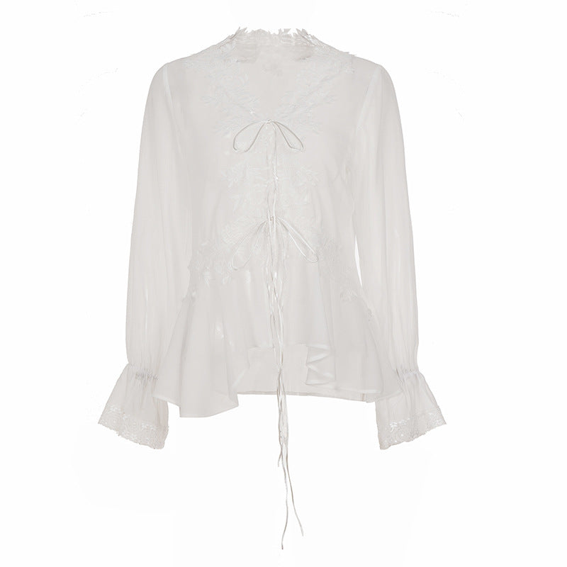Elegant Pure Lace Chiffon Patchwork Tie Neck Flared Sleeves T shirt Vacation Swing Smock Top