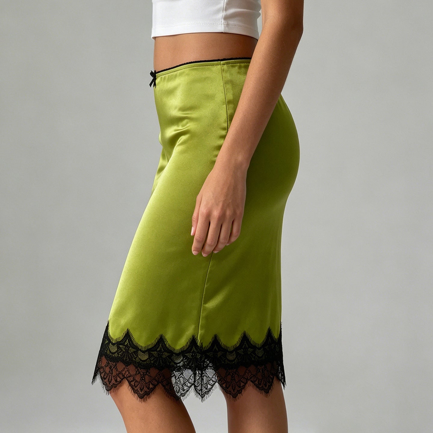 Elegant Graceful Women Satin Skirt Lace Stitching Contrast Color Bow Low Waist Mid Length Hip Skirt for Women