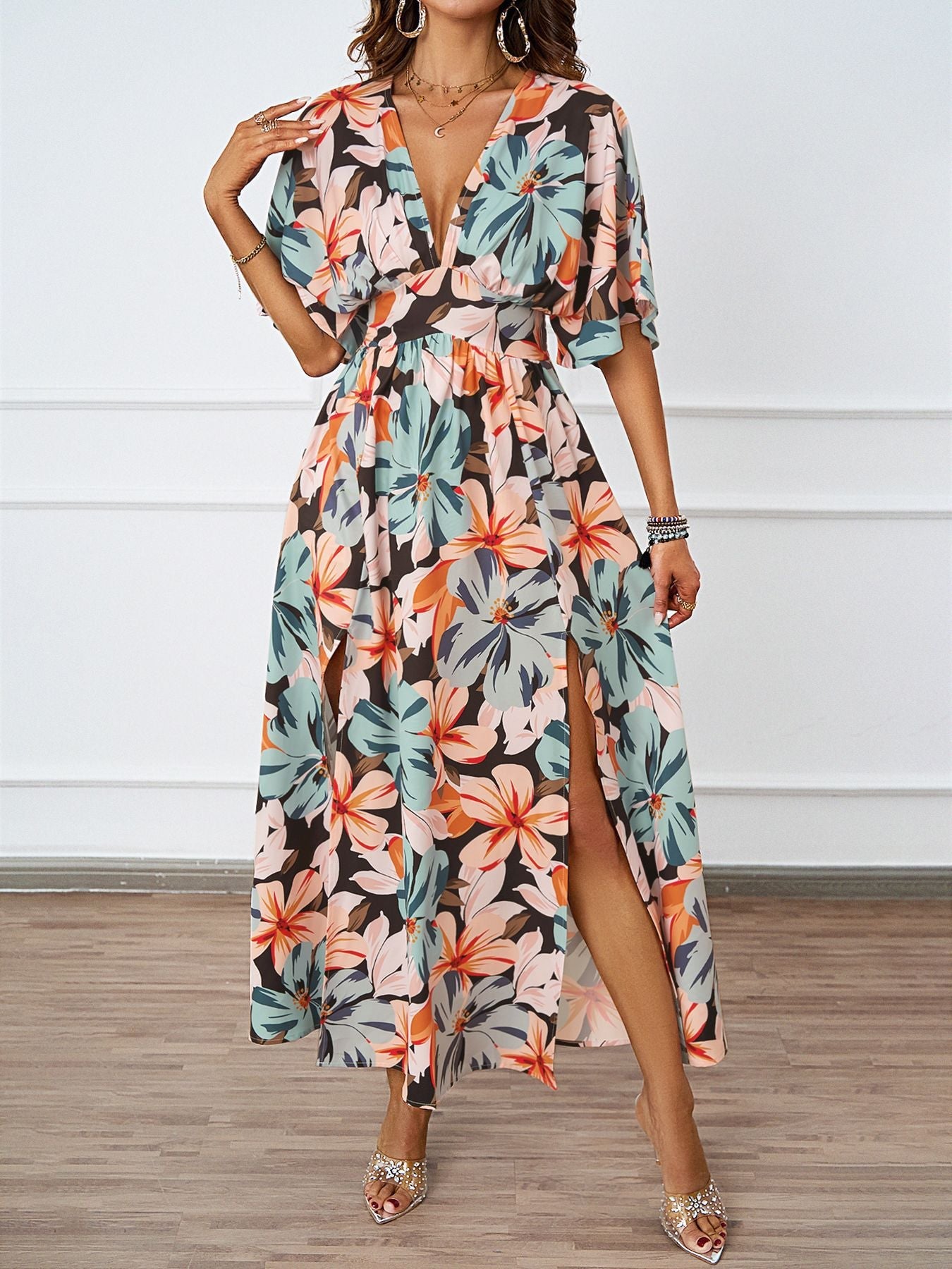 Summer Floral Print Maxi Dress Elastic Band Waist Tight Big V neck Short Sleeve Dress for Women